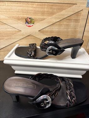 Brighton Fiji Black Braided Leather Heeled Mules Sz 9 Vtg Preppy Leather #580